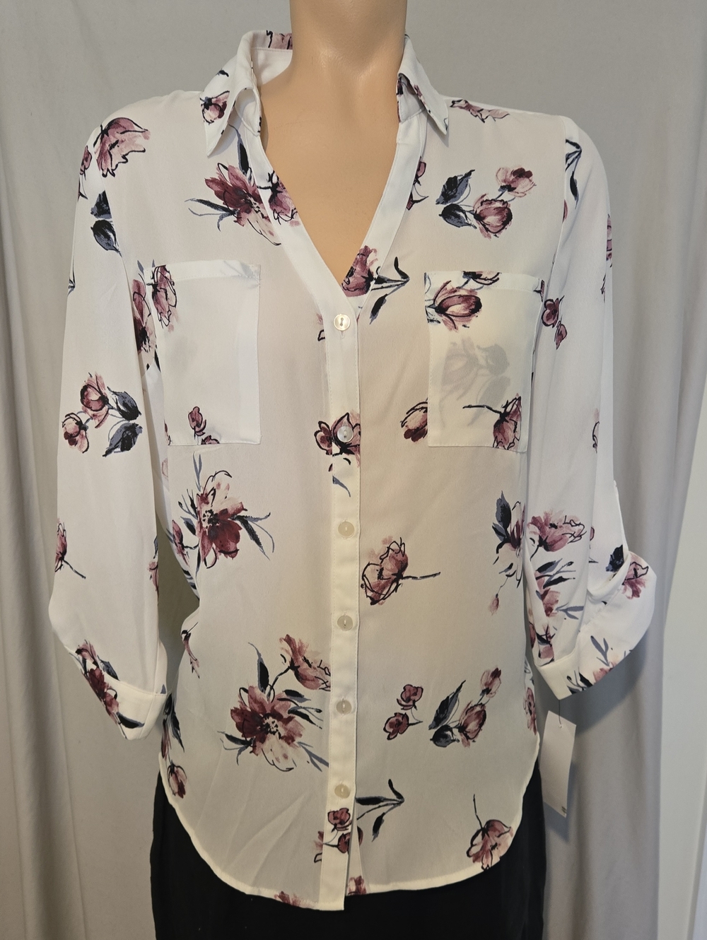 BCX Juniors' Floral-Print Roll-Sleeve Button-Up Blouse, NEW